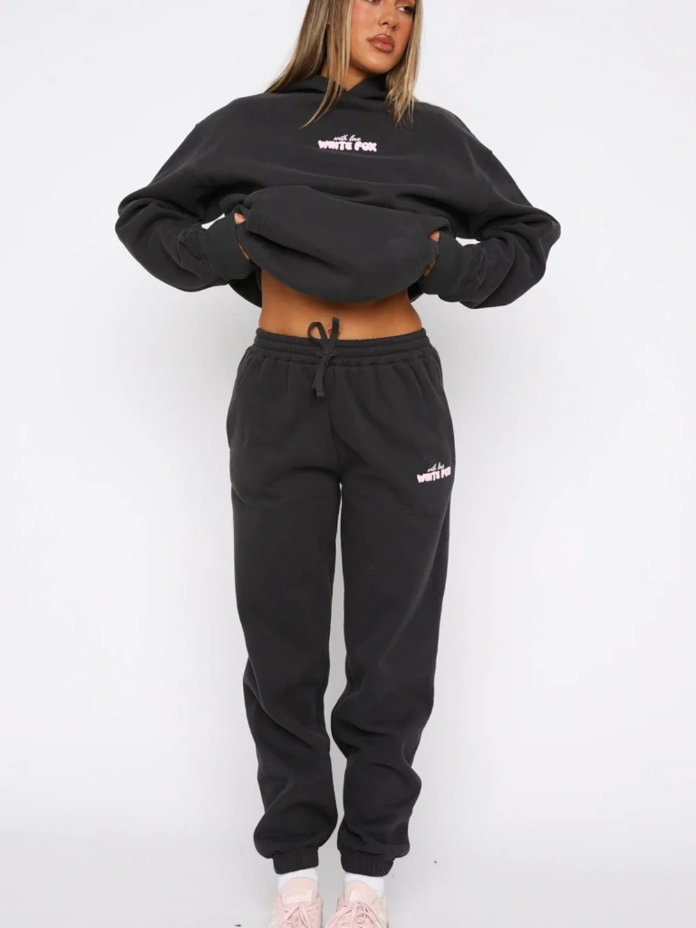 White Fox Boutique charcoal grey Jogger Pants with Pink Logo - Picture 2 of 9